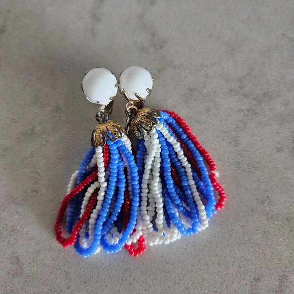 RED, WHITE, AND BLUE BEADED DANGLE CLIP-ON EARRINGS - Picture 5 of 14
